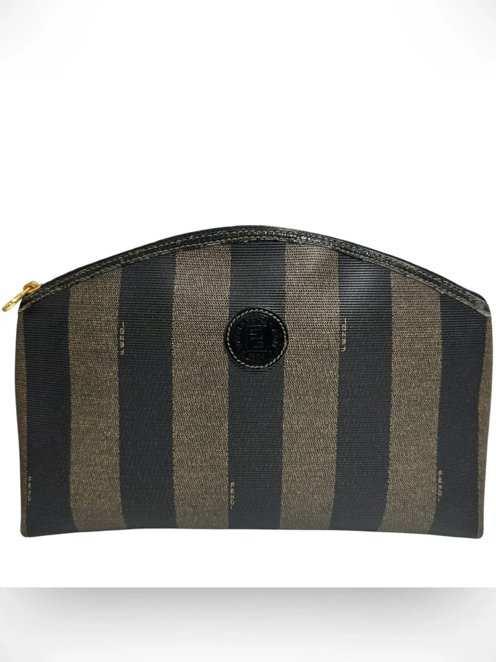 FENDI Black & Tan Pequin Striped Coated Canvas Leather Dome Clutch Pouch